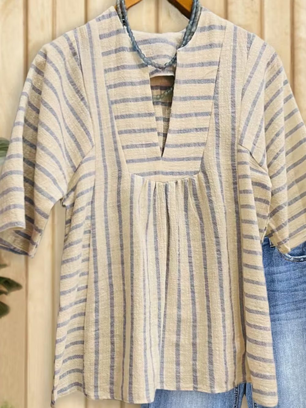 Casual Striped V-Neck Tunic - Cream & Gray